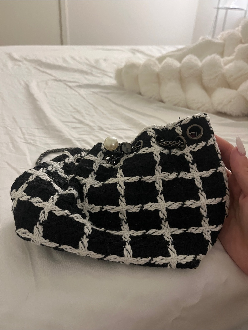 Black & White Grid Knit Shoulder Bag with Pearl Accent